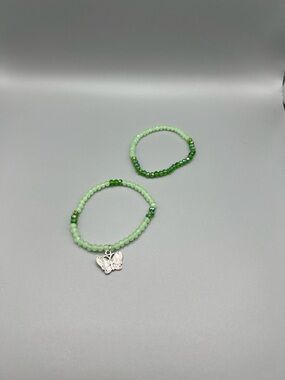 Green Beaded Butterfly Charm Bracelet Set - Women Jewelry - Handmade #B0046T